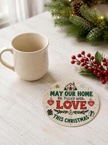 1/6pcs Christmas Round Coasters, Red & Green Holiday Blessing Text Print, Family Reunion Christmas Decor Coasters, Coffee Cup Heat-Resistant Table Mats, Christmas Party Home Desktop Decoration - Multi-color/1 - View 3
