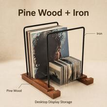 Vintage Vinyl Record Storage Rack, Wood & Steel Desktop Record Holder Stand With Adjustable Slots, Non-Slip Base LP Album Display Organizer For CD Records Collection - Brown - View 7