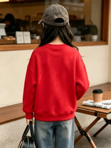 Hello Kitty Chef's Gourmet Printed Girls' Round Neck Hoodie, Girls' Casual Versatile Long Sleeve Hoodie, Campus Daily Dressing - Red - View 3