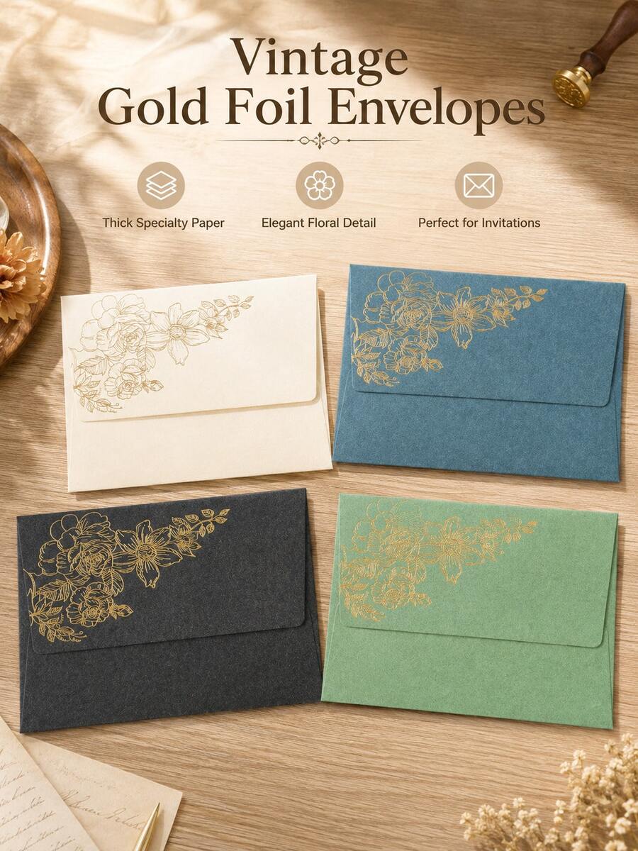 5pcs Hot-Selling Vintage Gold Foil Stamped Envelopes, Eye-Catching Thick Special Paper Envelopes, Practical Invitation And Greeting Card Storage Bags - Multiple Styles - View 1