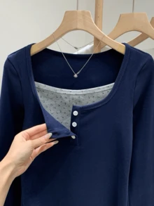 U-Neck 2 In 1 Long Sleeve T-Shirt Women, Fitted Base Layer Top, Sexy Style, Autumn - Navy Blue - View 9