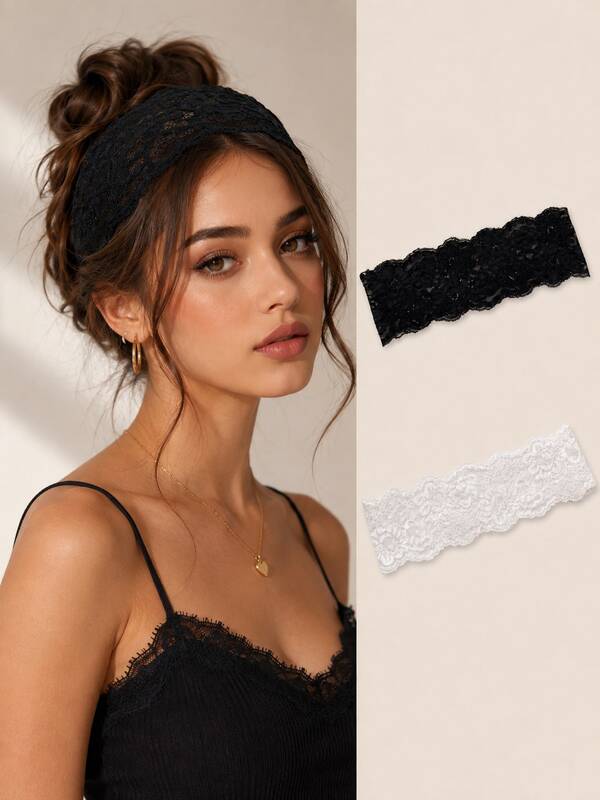 1PC Women's Wide Lace Headband, Black & White Floral Hollow Out Elastic Comfortable Versatile Hairband, Vintage Sweet Style For Face Washing, Makeup, Daily Styling