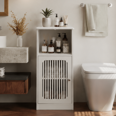 Bathroom Low Cabinet, Louvered Door Floor-Standing Bathroom Storage Cabinet, Multi-Layer Bathroom Storage Cabinet, White