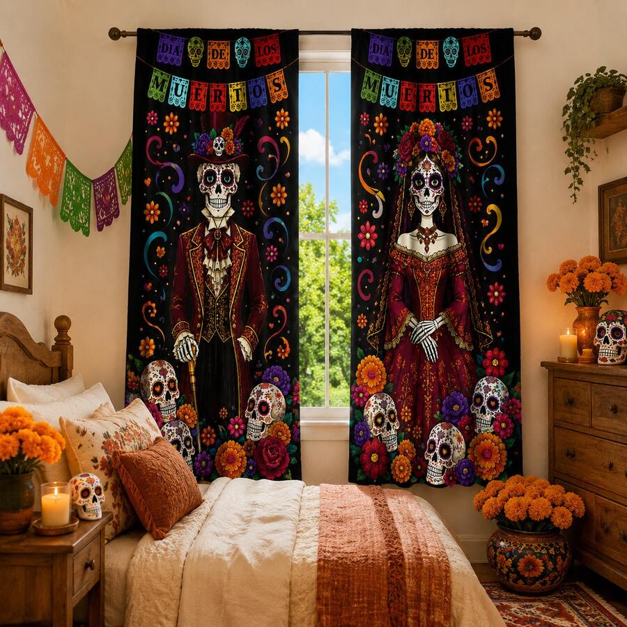 2PCS Skeleton Bride And Groom Print Light Sheer Curtains, 90GSM Semi-Sheer For Privacy Protection. Easy Rod Pocket Installation,Quick-Dry,Fade-Resistant After Washing, Lightweight And Washable. Ideal For Home, Room And Kitchen Decor & Space Dividers. - Multicolor - View 1