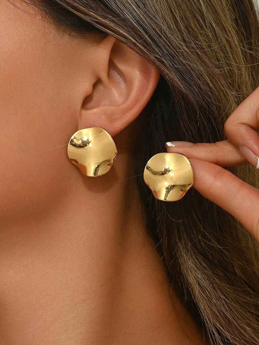 VceTd 1 Pair Fashionable Elegant Hammered Asymmetric Round Stainless Steel Stud Earrings...Women's Earrings, Suitable For Daily Wear/Holiday Gift - Multicolor - View 1