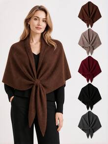 1pc New Warm Knitted Shawl Scarf, Elegant Versatile Solid Color Triangle Large Wrap, Suitable For Autumn/Winter Daily Wear For Women - Multicolor - View 1