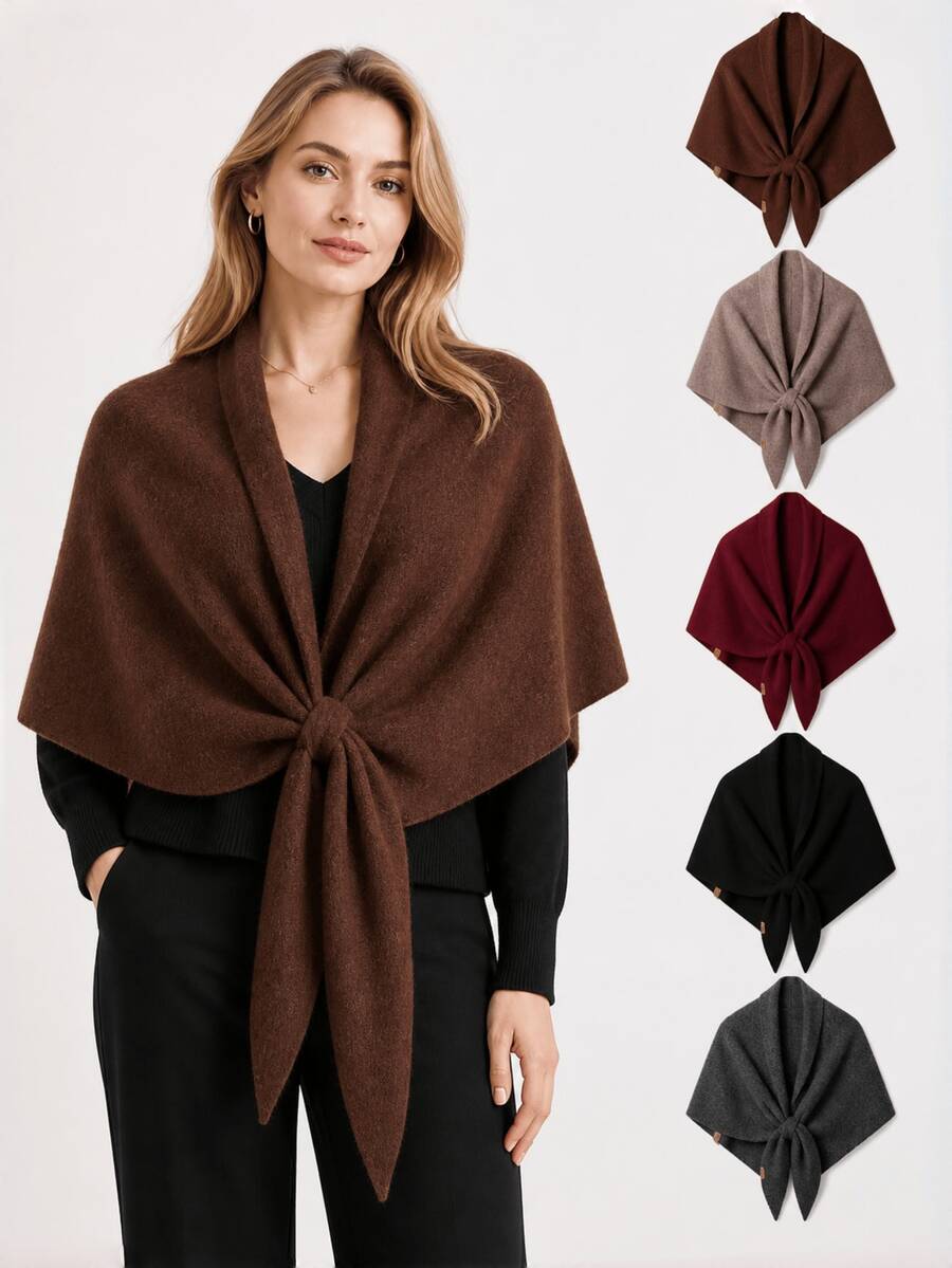 1pc New Warm Knitted Shawl Scarf, Elegant Versatile Solid Color Triangle Large Wrap, Suitable For Autumn/Winter Daily Wear For Women - Multicolor - View 1