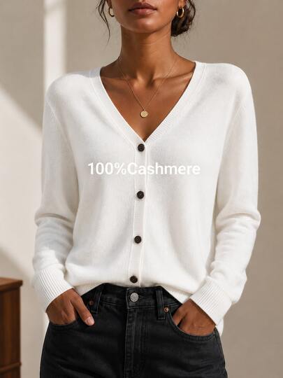 Suéter casual de cachemira para mujer con cuello en V y manga larga, top de punto suave y ligeramente elástico para otoño e invierno, conjunto de 2 piezas