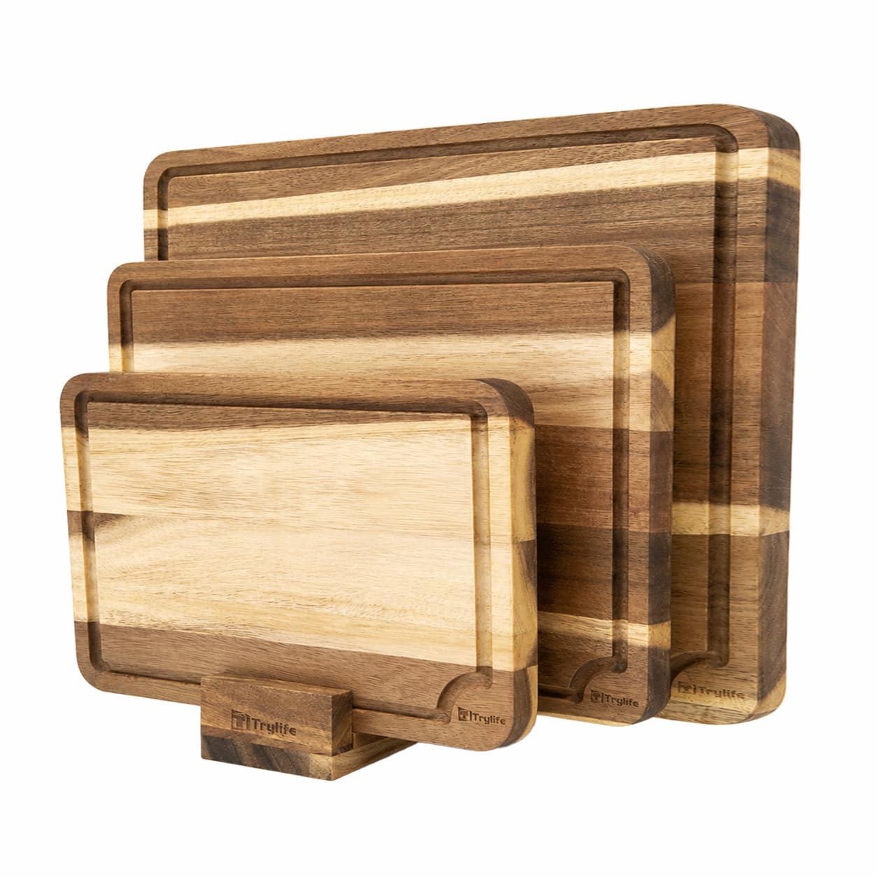 LDQ Acacia Wood Cutting Board Set Of 3 With Stand For Kitchen, Large Butcher Block Chopping Boards With Deep Juice Grooves, Hardwood Charcuterie Serving Board, Housewarming Gift, Trylife - View 1
