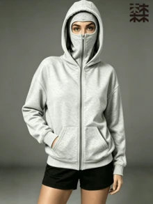 mulinsen 女款連帽一體式貝雷帽拉鍊運動衫，全拉鍊袋鼠口袋寬鬆長袖運動外套，街頭風 - 淺灰色 - 查看 10