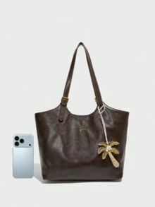Livesso New Fashion Women's Shoulder Bag, Letter Decor, Magnetic Snap, Adjustable Dual Handles,  PU Material, Coconut Tree Pendant, Solid Color Design, - Coffee - View 3