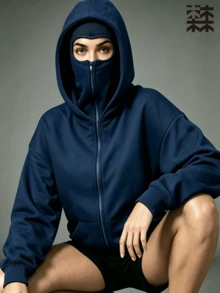 mulinsen 女款連帽貝雷帽拉鍊運動衫，全開襟拉鍊，袋鼠口袋，寬鬆長袖運動夾克，街頭風 - 藍色 - 查看 4