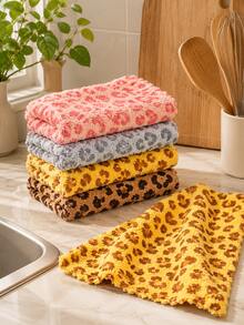 Vintage Double-Sided Leopard Print Cleaning Cloth, Table Wipe, Kitchen Rag, Microfiber Scrubbing Pad, High Absorbency, Easy Care, Thick Soft Coral Fleece Travel Hand Towel, Suitable For Home And Restaurant Decor, Kitchen Cleaning Tool - Multicolor - View 3