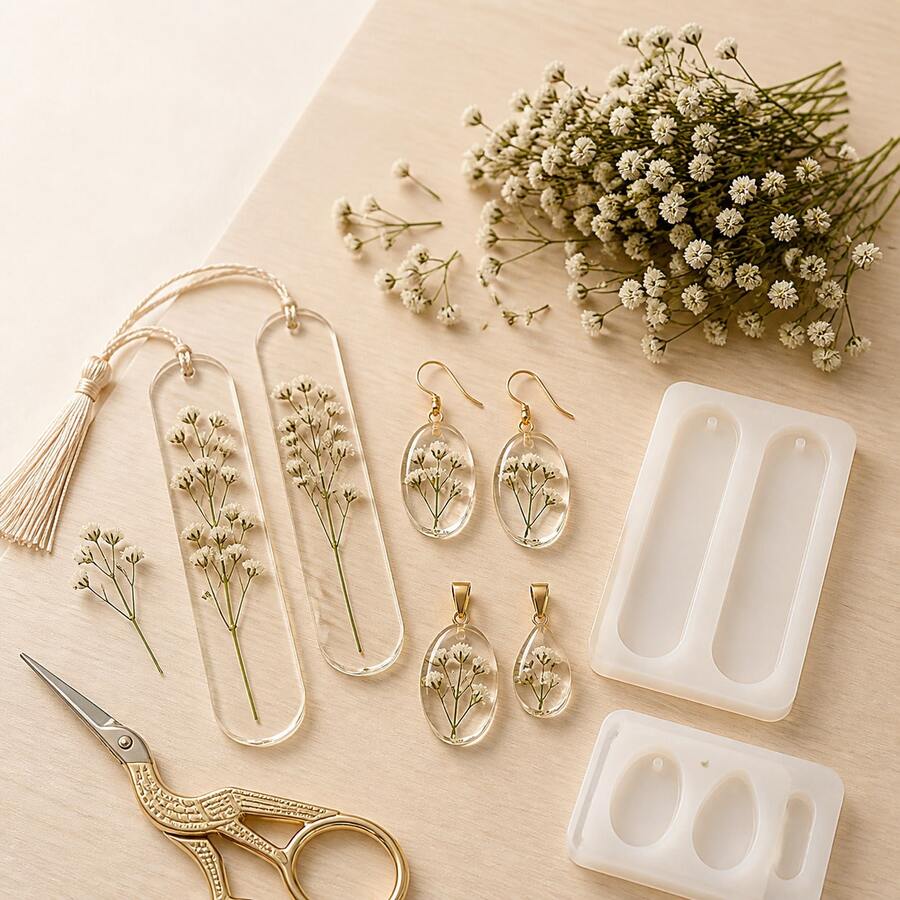 25/50/100/Pcs Mini Baby's Breath And Other Artificial Flowers - For Resin Mold Art And Handicrafts, Used For Hair Accessories, Wedding Wreaths, Table Flowers, Home Decor, Etc. - White and Green Rod - View 1