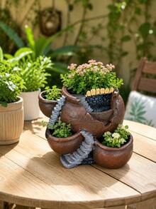 Resin Multi‑Pot Plant Planter With Stairway Design, Broken Pot Style Flower Container, Outdoor Patio Yard Balcony Tabletop Ornament, For Succulent Herb Planting Garden Backyard Landscape Display Decoration - Flower Pot - View 10