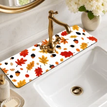 1pc Autumn Pattern Printed Diatomaceous Earth Faucet Water Absorbent Mat, Kitchen Sink Splash Guard, Washbasin Drip Tray, Countertop Water Collection Pad, Faucet Drip Collector, Suitable For Kitchen, Bathroom And Laundry Room - Multicolor - View 2