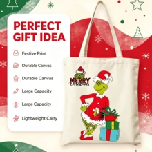 The Grinch 1pc Christmas Tote Bag, Cartoon Holiday Canvas Shoulder Bag With Festive Pattern, Reusable Shopping Bag For Gifts, Parties And Daily Use - Multicolor - View 8