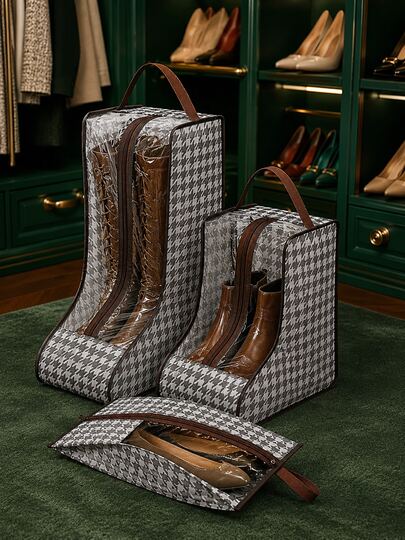 1 pièce Sac de rangement pour bottes à carreaux pied-de-poule, organisateur de chaussures portable avec fermeture éclair, fenêtre transparente et poignée, housse de placard anti-poussière, convient pour les bottines, les bottes hautes et les bottes montantes, sac de voyage pour emballage, accessoire de rangement de chaussures pour placard à la maison