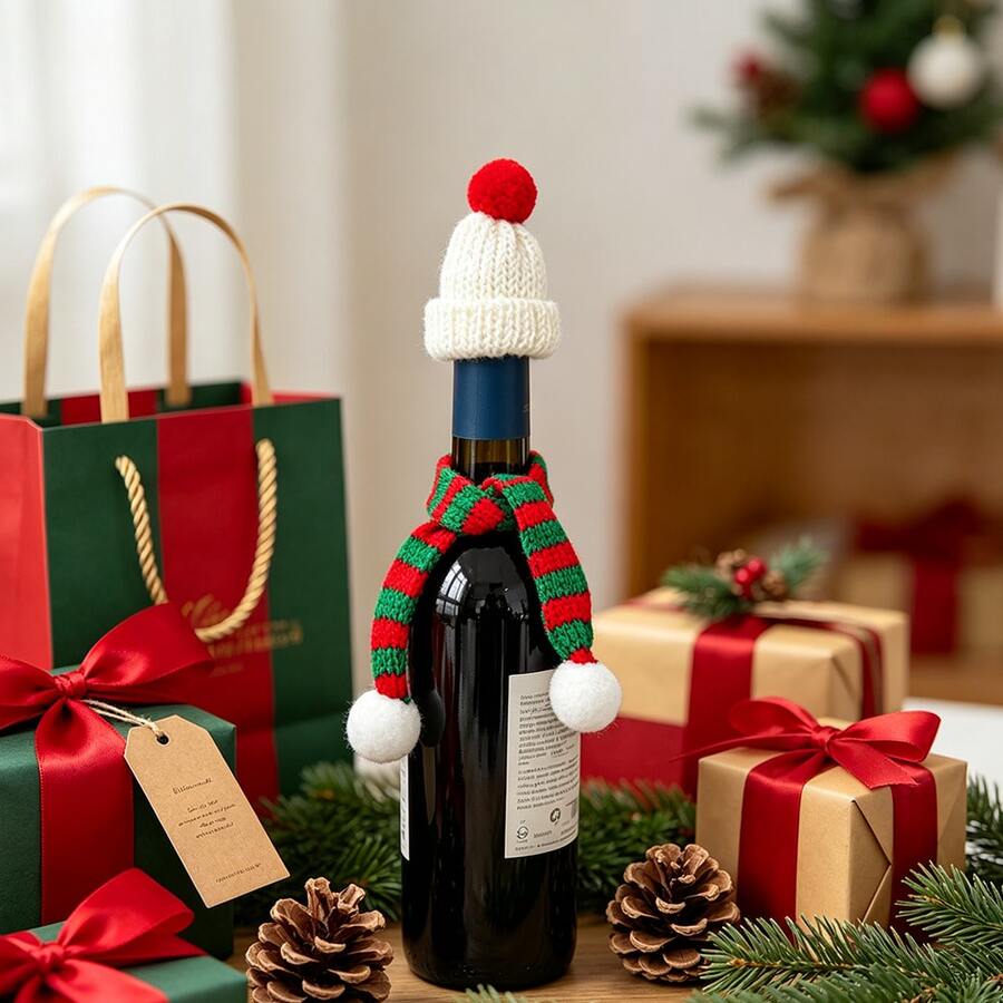 1 Set Mixed Color Mini Christmas Knitted Hats And Scarves, Wine Bottle Decoration, Suitable For Christmas Party Decoration, Snowman, Christmas Tree Decoration, Home Holiday Gathering Decoration