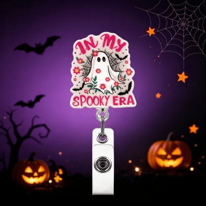 TONAVIETO 1pc Flower Ghost In My Spooky Era Badge Reel Acrylic Retractable Badge Holder Clip With Swivel Alligator Clip For Nurses, Teachers, Students, Office Staff