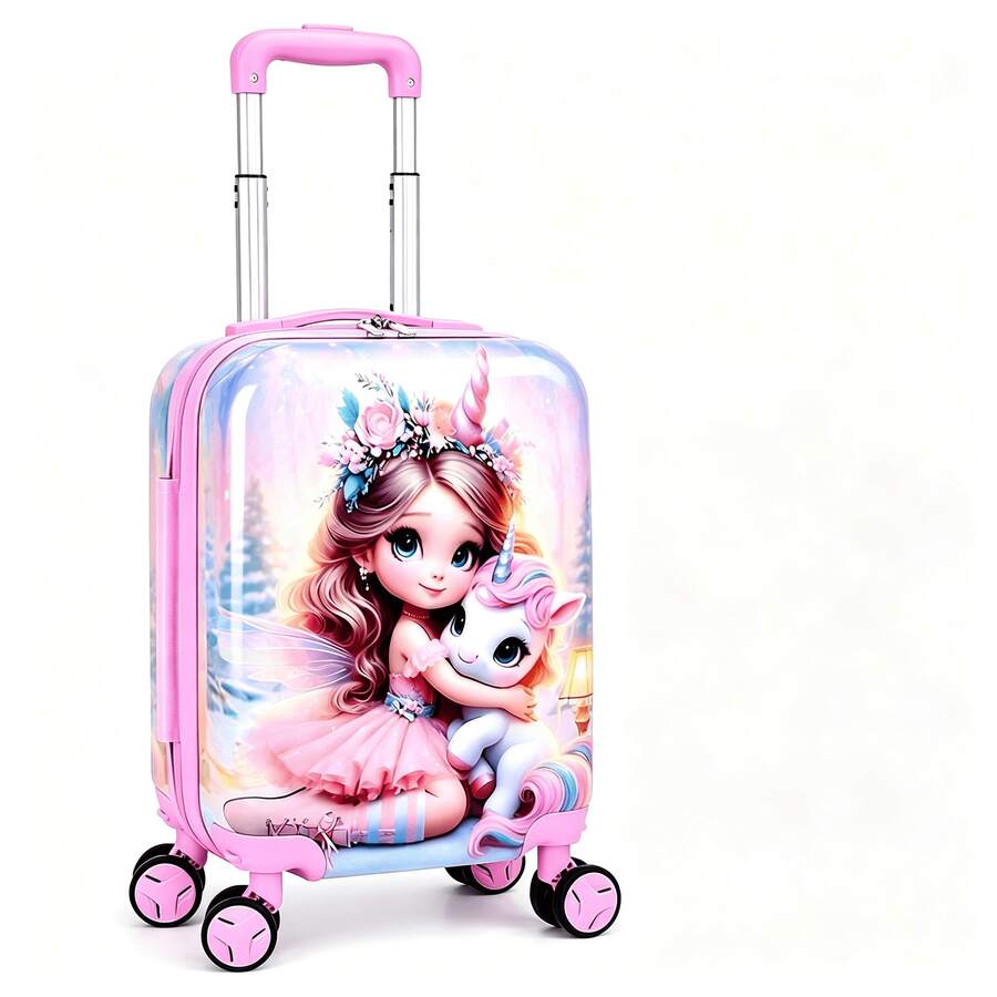Girls Cartoon Printed Rolling Luggage, Hard Shell Kids Carry‑On Suitcase With Universal Wheels & Telescopic Pull Rod, Ideal For Short Trips - Pink - View 1