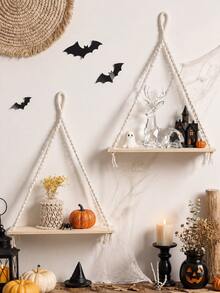 1pc/2pcs Handmade Woven Wall Hanging Shelf, Triangle Wooden Floating Storage Rack, Bohemian Style Wall-Mounted Organizer, Handmade Rope Tassel Shelf, Minimalist Home Decor, Natural Beige, Suitable For Living Room, Bedroom, Office And Entryway Decoration, Autumn Thanksgiving Halloween Christmas Party Decor - Beige - View 6