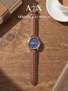 Armani Exchange Hampton 46mm Silver Stainless Steel Men's Watch, Brown Genuine Leather Strap, Blue Plaid Dial, Date Display AX2133 - Silver - View 2