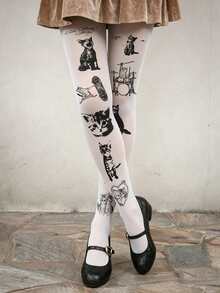 1 Pair Plus Size Cat Print High Elasticity Tights, Sexy Fashion Cute Y2K Style, Suitable For Daily Wear, Dating, Spring/Autumn Parties - Multicolor - View 9