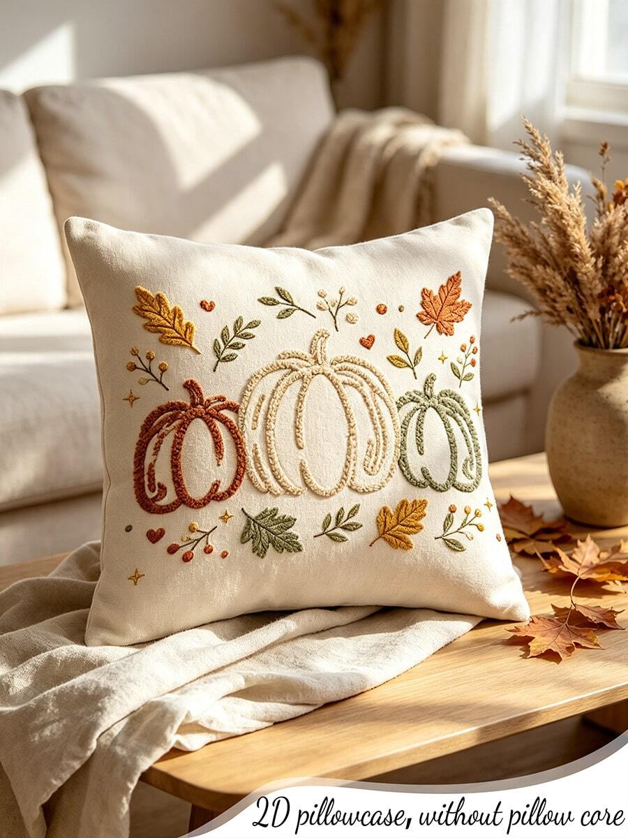 1PC Fall Pumpkin Maple Leaf Embroidery Print Pillow Cover Autumn Farmhouse Decorative Throw Pillowcase Sofa Couch Home Decor - Multicolor - View 1