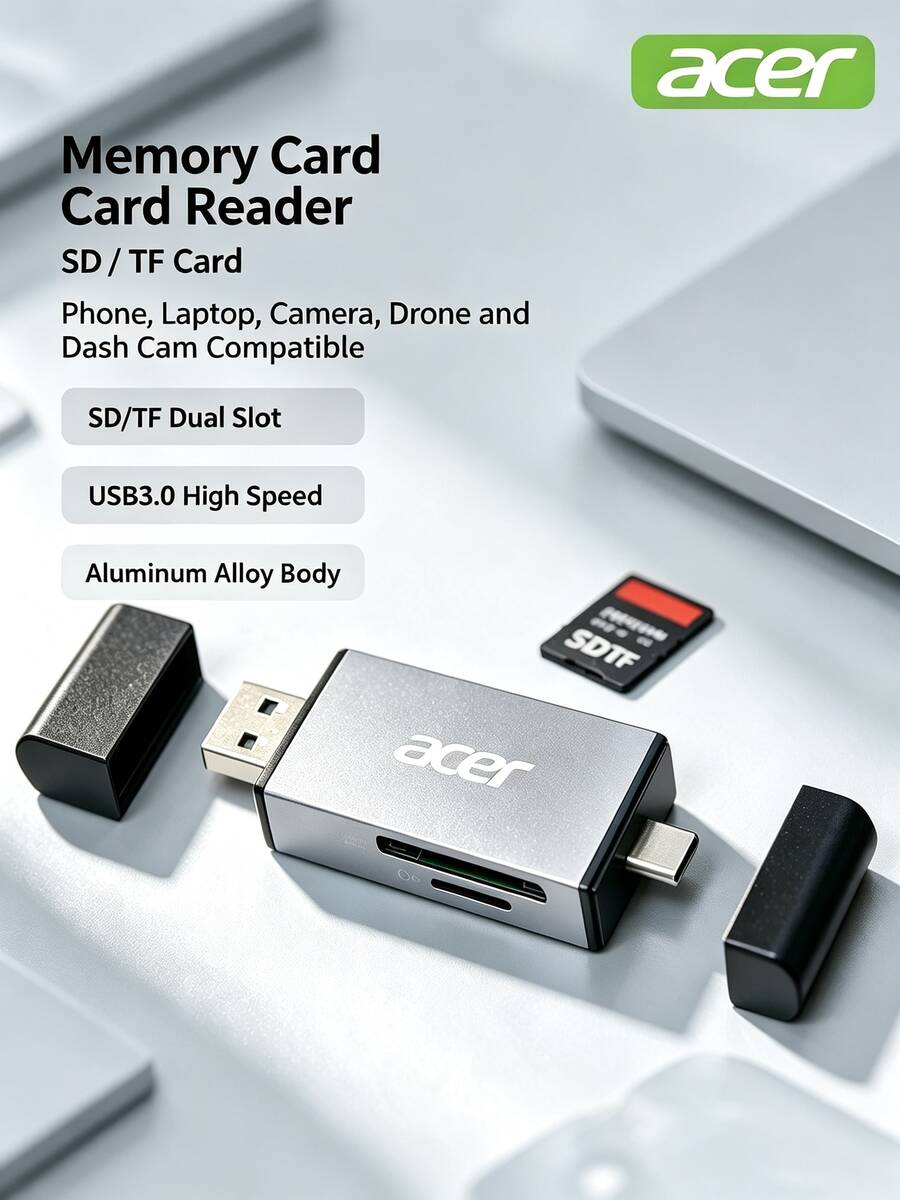 Acer 85‑3.0 Single-Slot / 3.0 Dual-Slot / 3.2 Dual-Slot Dual-Card Reader USB‑A+Type‑C Dual-Head SD/TF Card Reader For Phone, Computer, Laptop, Camera, Drone, Dash Cam Storage Card - View 1