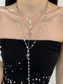 4pcs Women's Silver Metal Cross Pendant Necklace, Multi-Layer Stackable Personalized Necklace For Party And Gathering - Multicolor - View 3