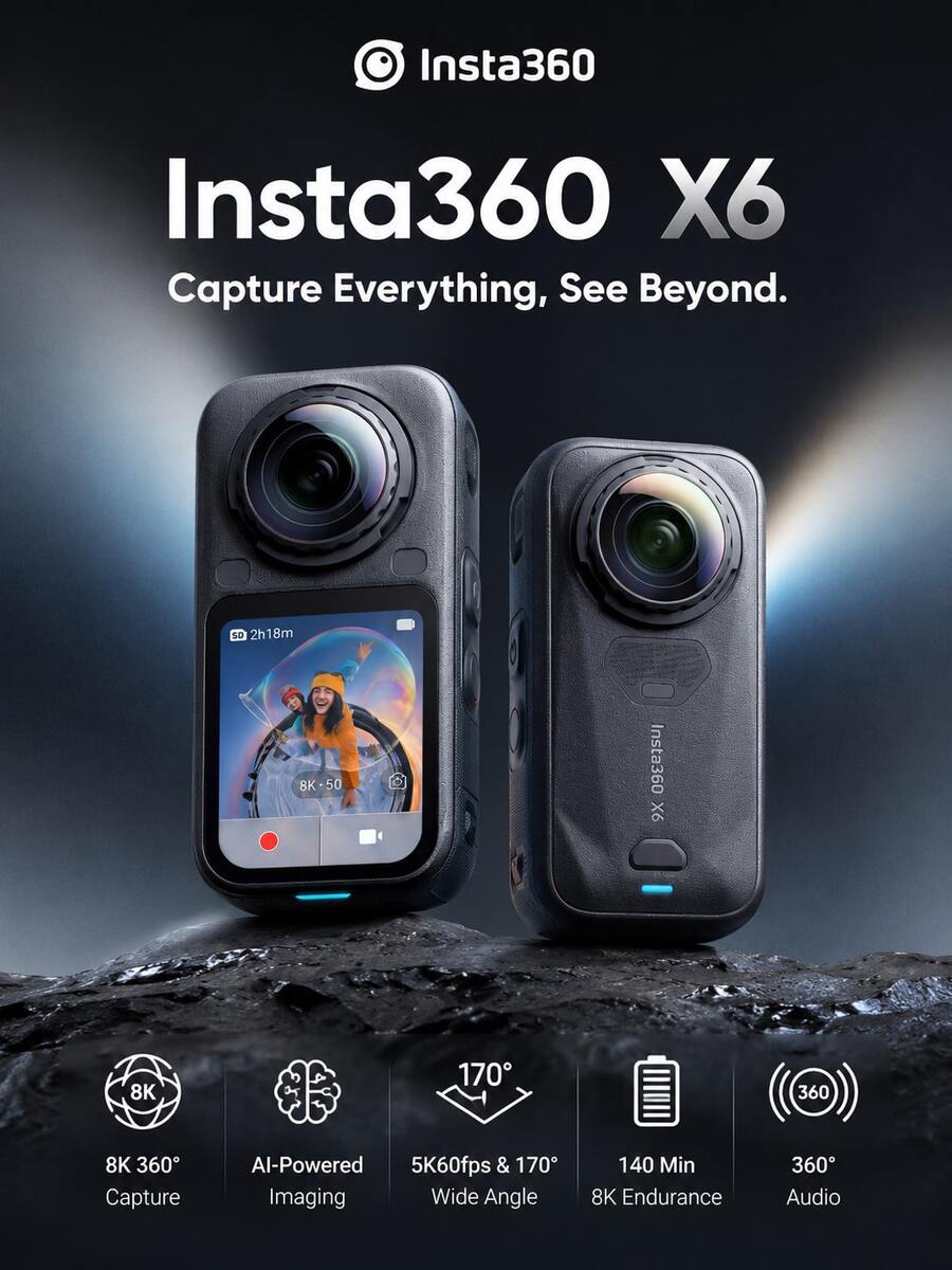 Insta360 X6 8K Panoramic Action Camera, Waterproof HD Anti-Shake, Handheld Pocket Camera, Custom Sensor, Dolby Vision, Large Capacity Battery, Windproof Microphone, Suitable For Travel, Vlog, Filming, Gifts - View 1