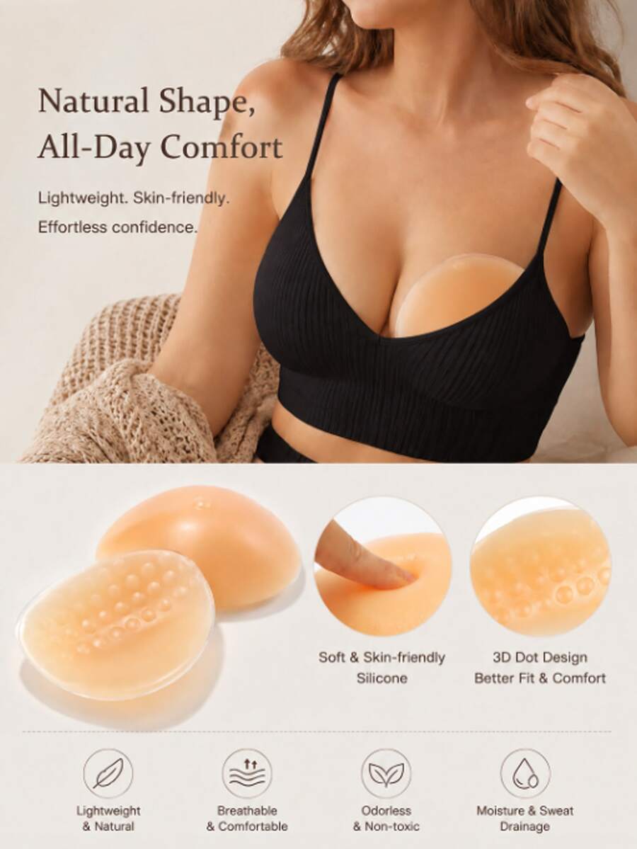 1/2pcs Silicone Breast Pads, Comfortable And Versatile Invisible Breast Pads, Suitable For Parties And Dates, Realistic Silicone 3D Molded, Suitable For Various Exposed Skin Clothing, Providing Extra Protection - Multicolor - View 1