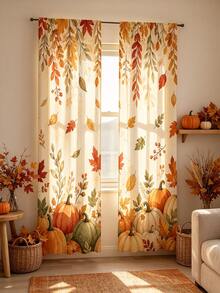 2pcs Digital Printed Curtains, Autumn Harvest Leaves & Pumpkin Watercolor Pattern, Rustic Farmhouse Style Fall Window Curtains - Multi-color - Autumn Leaf Pumpkin - View 3