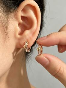 1 Pair Fashion 304 Stainless Steel Sparkling Rhinestone Star Decor Hoop 14K Earrings, Suitable For Women's Daily Wear And Party Wear, Elegant Earrings For Women, Stainless Steel Earrings, Women's Denim Accessories - Star - View 2