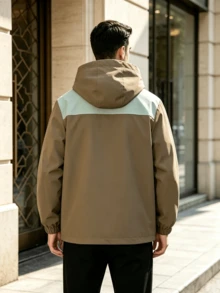 Plus Size Men's Colorblock Hooded Jacket, Spring/Autumn - Green - View 2