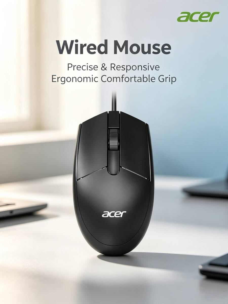 Acer Mouse berkabel OMW910 - Akurat dan sensitif, ergonomis, nyaman digenggam, cocok untuk penggunaan bisnis dan rumahan, ideal untuk penggunaan di kantor. - View 1