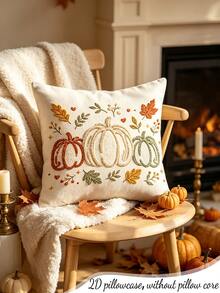 1PC Fall Pumpkin Maple Leaf Embroidery Print Pillow Cover Autumn Farmhouse Decorative Throw Pillowcase Sofa Couch Home Decor - Multicolor - View 2