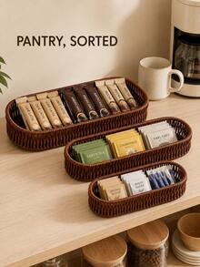1pc Woven Rattan Storage Tray Basket, Aesthetic Home Storage Box, Suitable For Kitchen, Bathroom, Vanity, Bedroom And Office, Rectangular Desktop Organizer, Can Hold Tableware, Cosmetics, Jewelry, Snacks, Tea Bags, Keys And Daily Essentials, Autumn Winter Home Decor - Brown - View 7