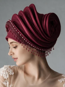 1pc Luxury Shiny Pleated Turban With Bead Fringe, Elegant Wedding Party Head Wrap Hat For Women - Multicolor - View 7