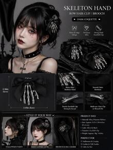 2pcs Gothic Skeleton Hand Hair Clips, Black Satin Bow Skeleton Hand Hair Clips, Halloween Punk Cosplay Women Girls Hair Accessories - Multicolor - View 5