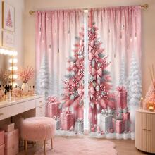 2PCS Silver‑Pink Christmas Tree Print Light Sheer Curtains, Semi-Sheer For Privacy Protection. Easy Rod Pocket Installation, Quick-Dry, Fade-Resistant After Washing, Lightweight And Washable. Ideal For Home, Room And Kitchen Decor & Space Dividers. - Multicolor - View 5