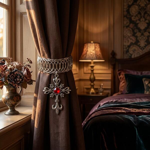 Sujetador de cortina elástico con cruz de gema roja vintage, banda sujetadora de cortina, soporte de cortina con resorte en espiral para cortinas de ventana, adorno retro para el hogar, regalo ideal de inauguración de casa, cumpleaños y festividades para decoración de dormitorio y sala de estar