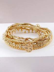 9pcs CCB Faux Pearl Bracelet Set, Cross Layered Stackable Bracelets, Women's Daily Wear, Vacation, Party Accessories - Multicolor - View 4