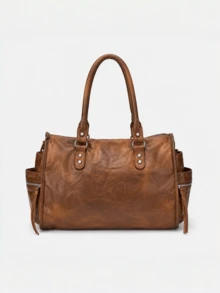 Dedoo Women's Tote Handbag, Vintage Washed Faux Leather, Rivet Zipper Detail, Multi-Pocket Large Capacity, Y2K Street Style, Daily Commute Shoulder Bag - Brown - View 5