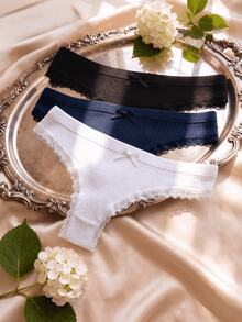 3pcs Solid Color Lace Patchwork Bow Ribbed Cotton Women's Thong - Multicolor - View 2