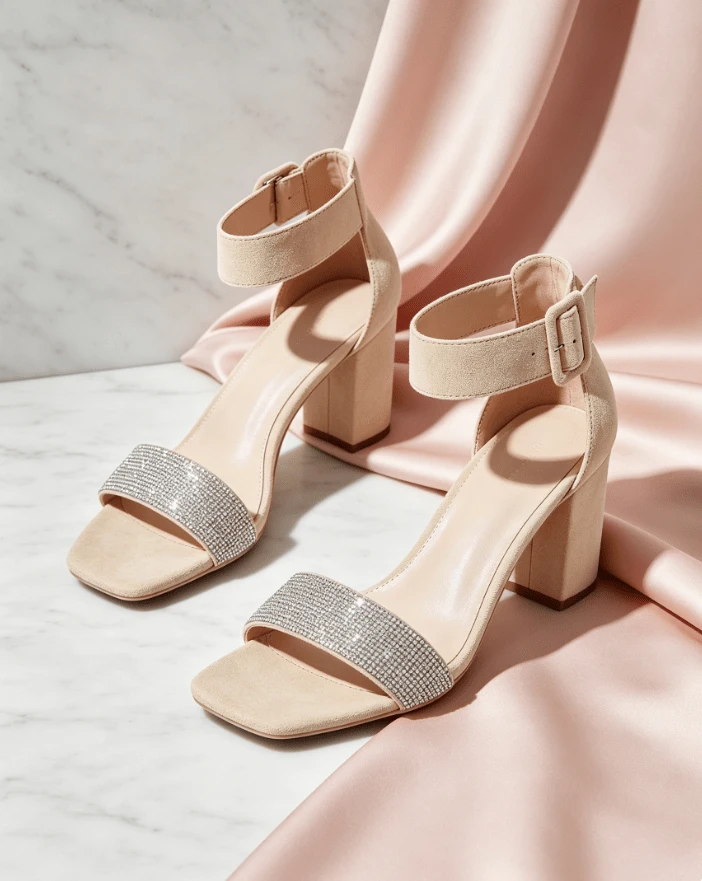 Women Ankle Strap Block Heel Sandals, Rhinestone Open Toe High Heels, Elegant Formal Party Office Dress Shoes - Apricot - View 1