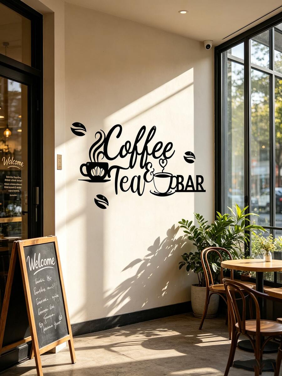 1pc CIFbuy Metal Coffee Bar Wall Decor - Rustic Iron Sculpture With "Coffee Tea Bar" Text And Leaf Pattern, Kitchen, Bar, Cafe Decoration, Unique Gift Idea, High-Quality Craftsmanship Kitchen Decor - Black - View 1