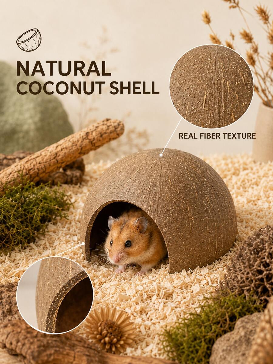 1pc Natural Coconut Shell Small Pet Hideout, Hand-Polished Semi-Circular Hamster Gnawing & Resting Nest, Small/Large Sizes Available, Suitable For Hamsters, Dwarf Hamsters And Fancy Rats Daily Habitat - Round - View 1
