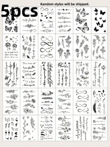 3 Sheets Black Butterfly Floral Word Small Pattern Tattoo Stickers Finger Wrist Body Small Parts Temporary Tattoo Stickers - Black - View 10
